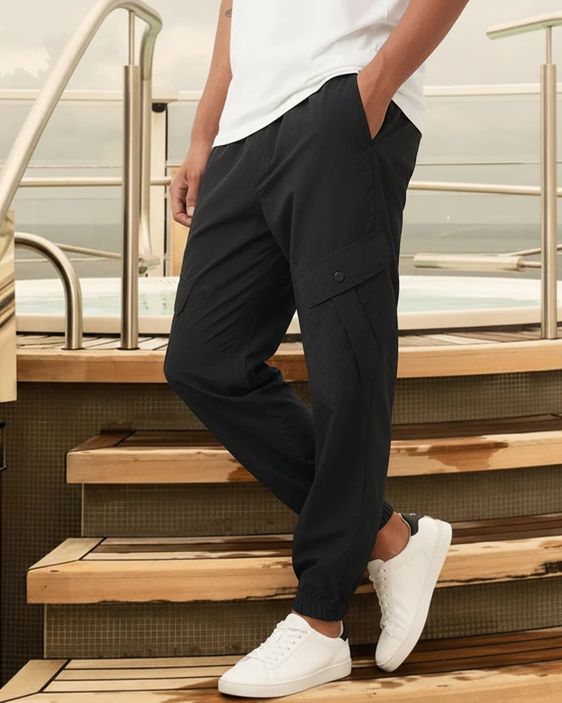 بيواكوف Men's Jet Black Super Loose Fit Nylon Cargo Jogger Pants